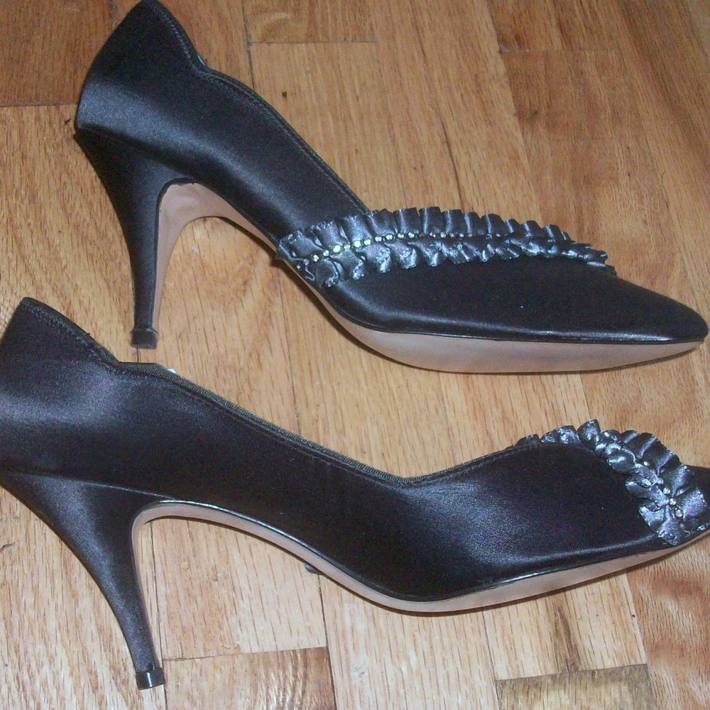 4 FOR $40~Black Satin Ruffled Rhinestone Heels- - Picture 3 of 8